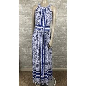 Calvin Klein 8 Blue White Sleeveless Maxi Dress Keyhole Back Split Sides
